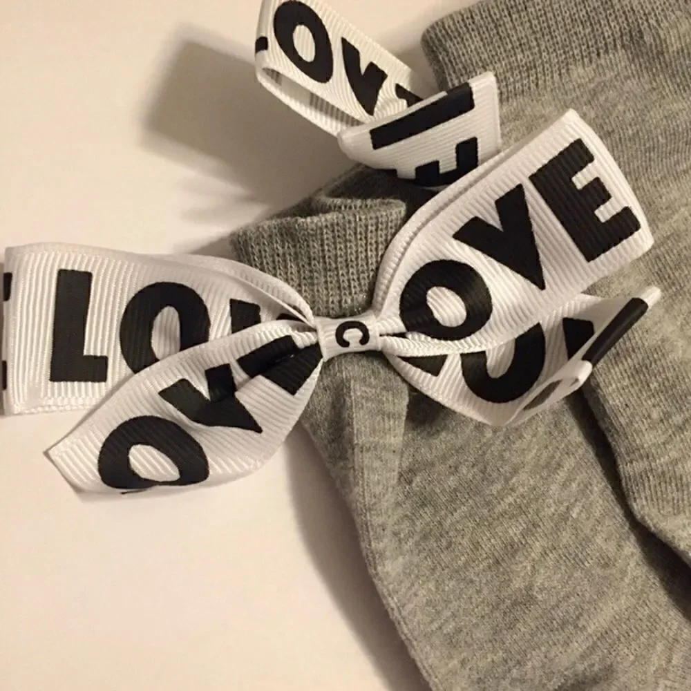 Women's Gray LOVE Bow Ankle Socks Coquette Ribbon Cotton Blend One Size